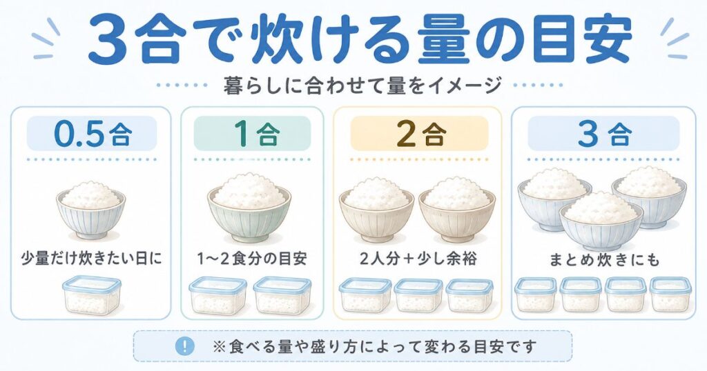 0.5合から3合までの炊ける量の目安