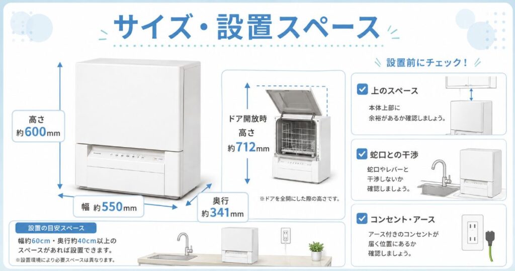 NP-TSP2とNP-TSP1のサイズと設置スペースの目安を示した画像