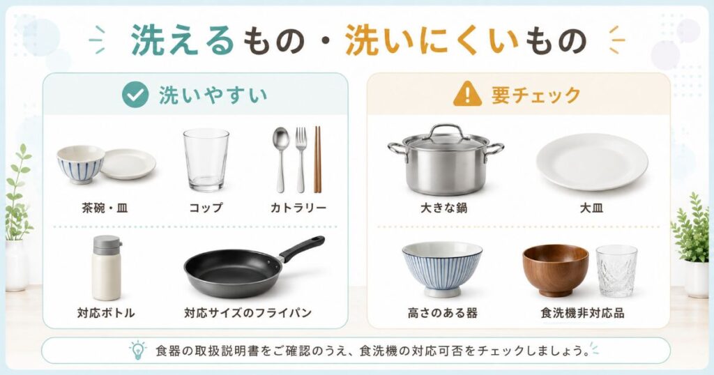 食洗機で洗いやすいものと洗いにくいものをまとめた画像