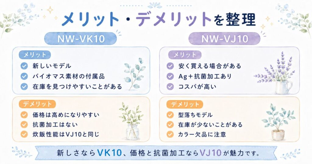 NW-VK10とNW-VJ10のメリットとデメリットの比較