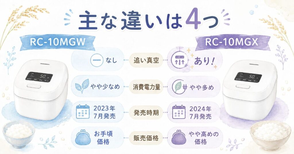 RC-10MGWとRC-10MGXの主な違い4項目をまとめた比較図