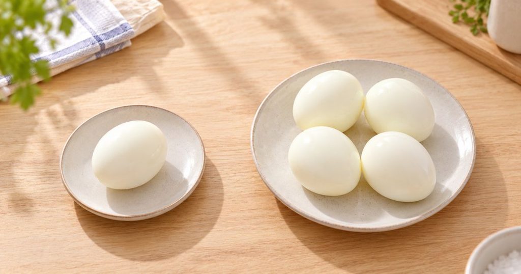 ゆで卵1個と4個を皿に並べた比較
