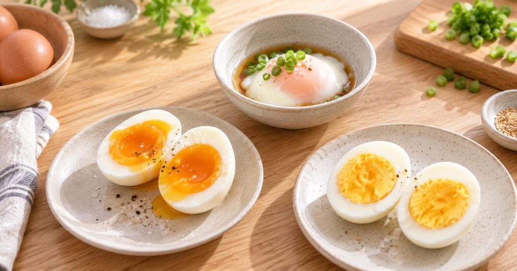半熟卵と温泉卵と固ゆで卵を並べた食卓