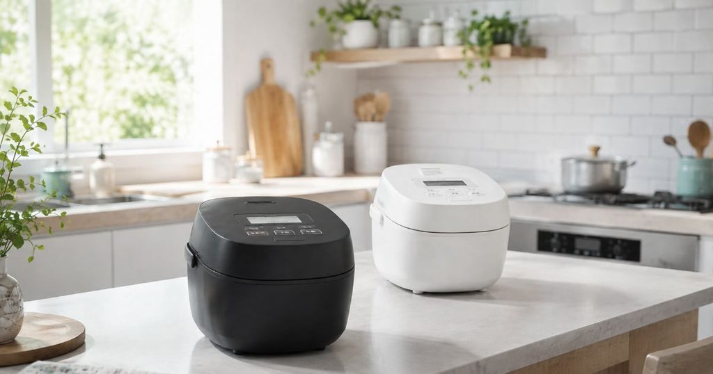 明るいキッチンに置かれたブラックとホワイトの炊飯器