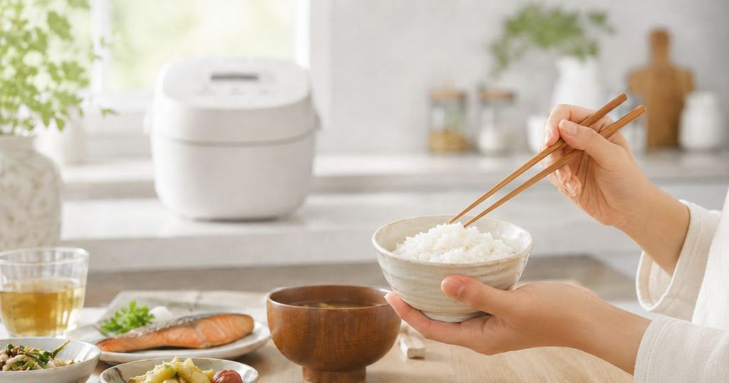 白い炊飯器を背景に温かいご飯を食べる食事シーン