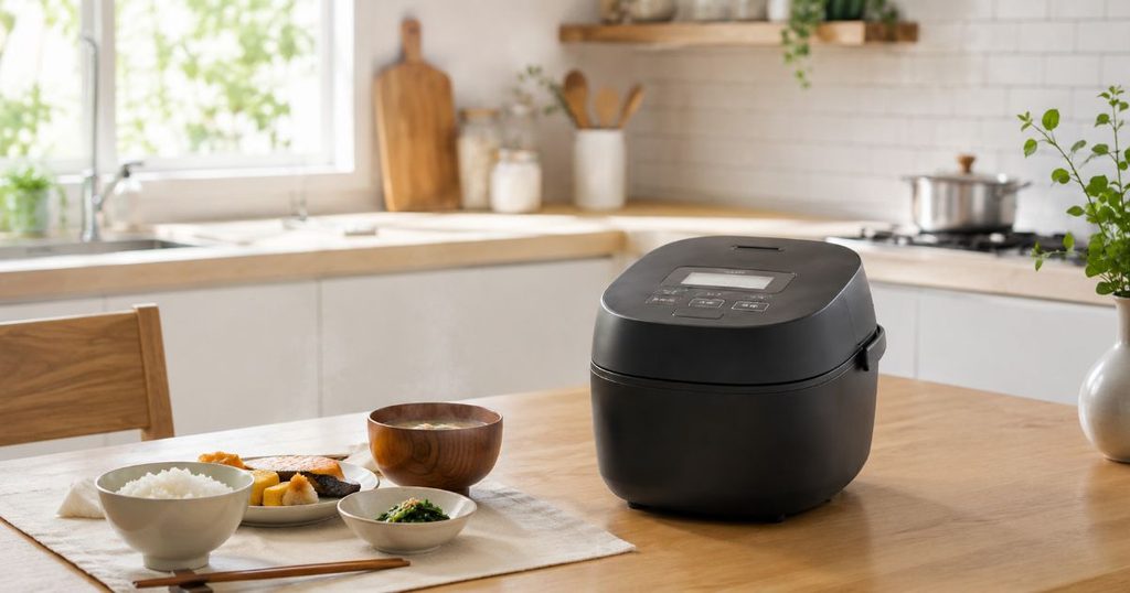 ブラックの炊飯器と白ご飯のある食卓