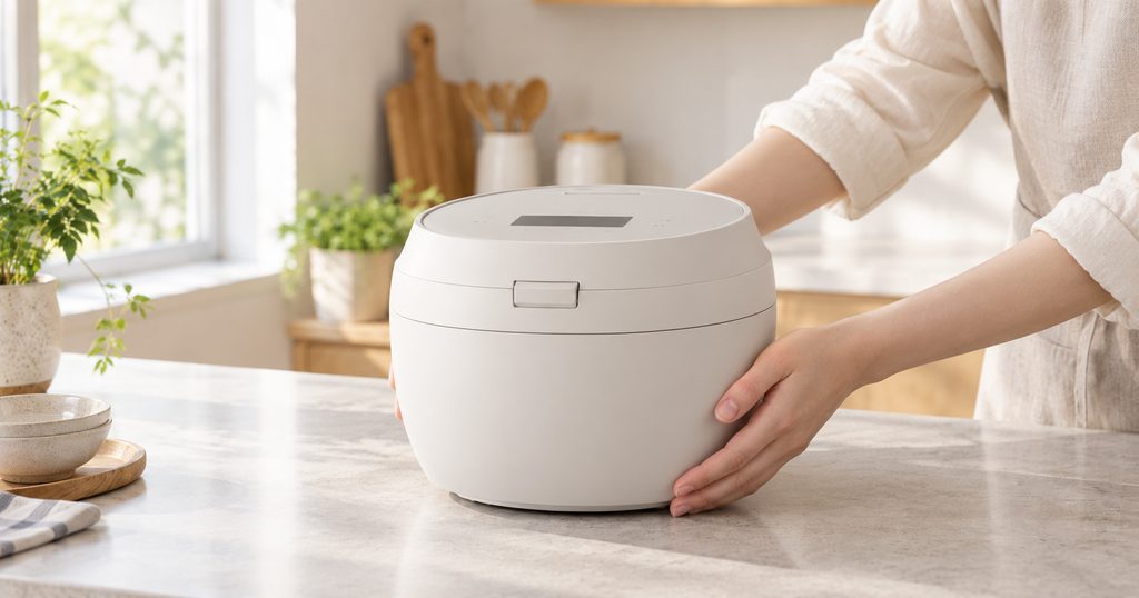 ライトグレージュの炊飯器を両手で少し動かす様子