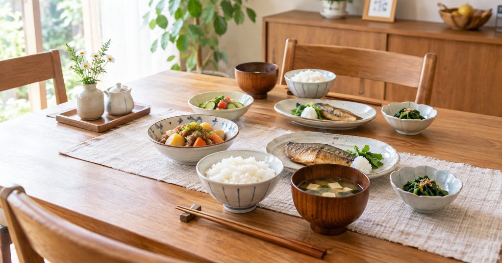 白ごはんや味噌汁、主菜、副菜が並ぶ家庭の食卓