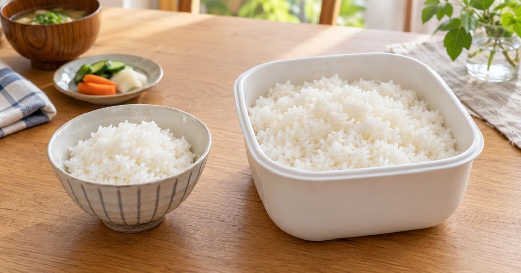 少量の白ごはんとまとめ炊きした多めの白ごはんを並べた様子