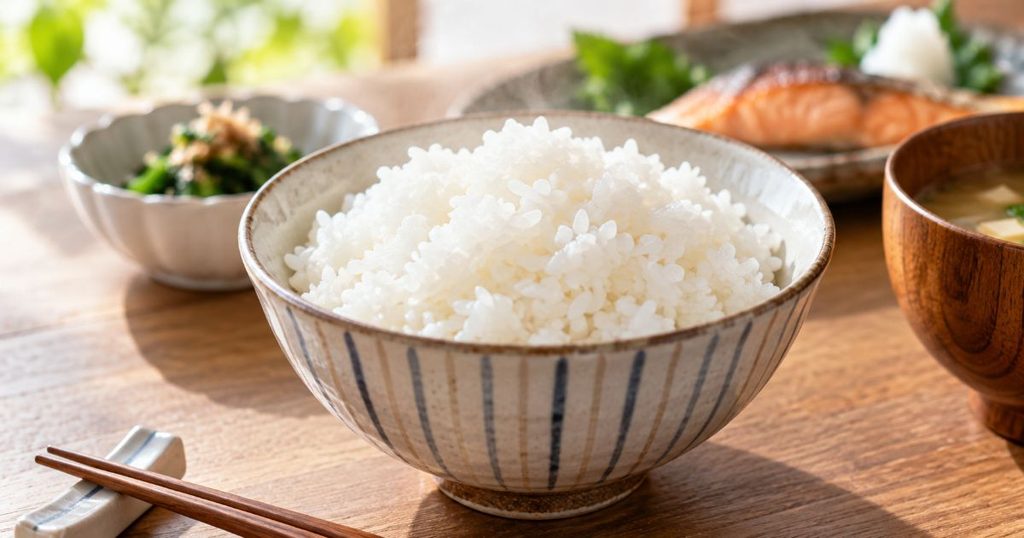 炊きたての白ごはんを茶碗に盛った様子