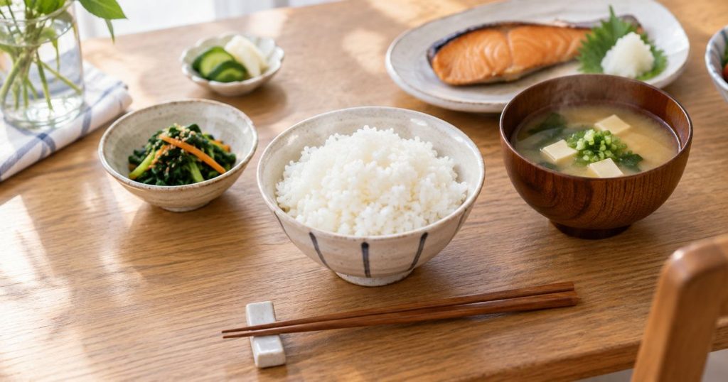 白ごはんと焼き鮭や味噌汁を並べた和食の食卓