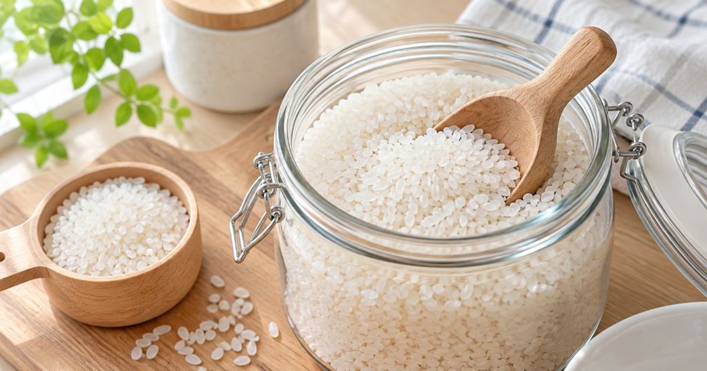 保存容器に入れた炊飯前の白米を計量する様子