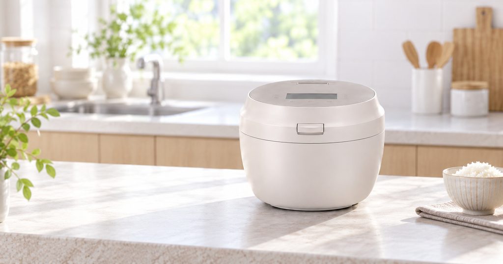 明るいキッチンに設置したライトグレージュの炊飯器