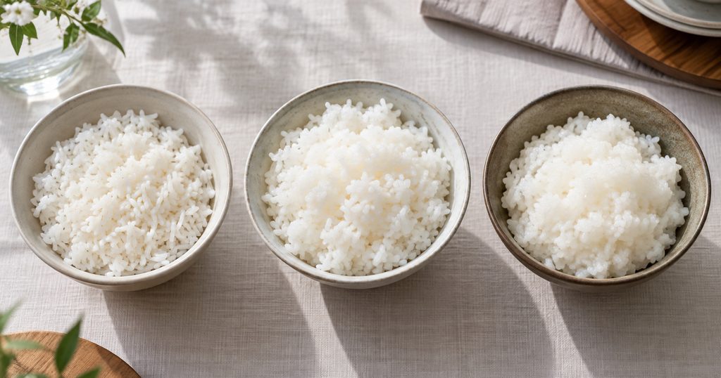 食感の違う白ごはんを3つの茶碗に盛った様子