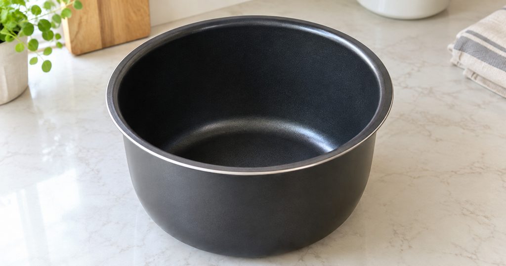 キッチンカウンターに置いた黒い炊飯器の内釜