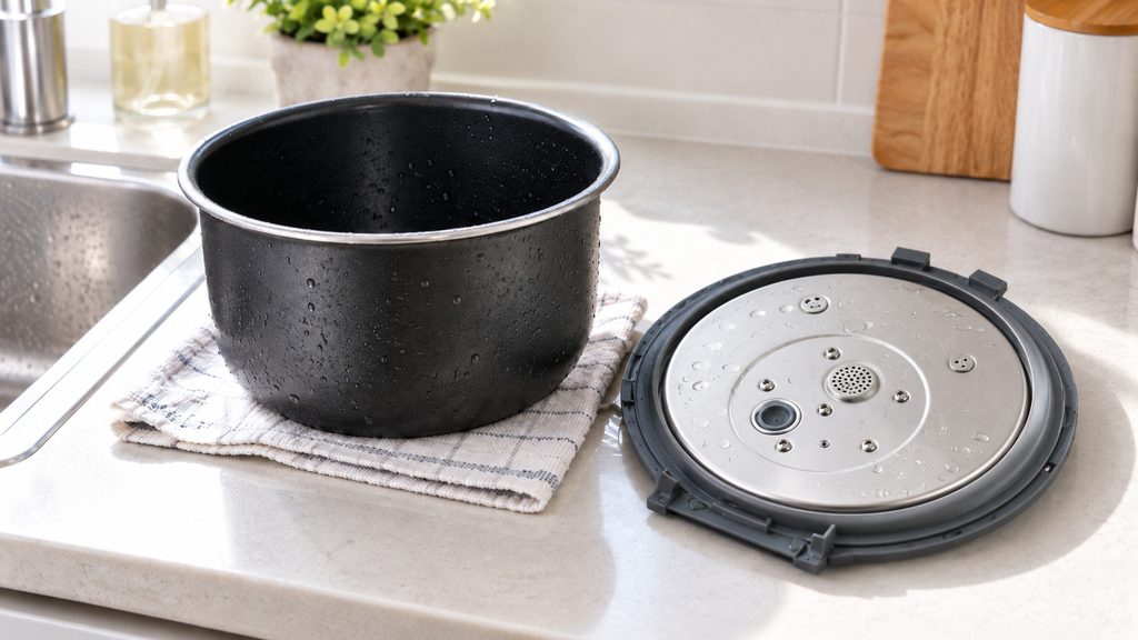 洗い終えた炊飯器の内釜とふた加熱板