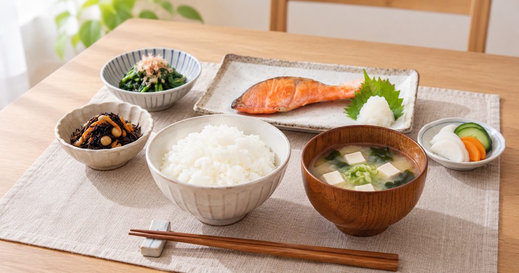 白ごはんと焼き鮭と味噌汁を中心にした一人分の和食膳