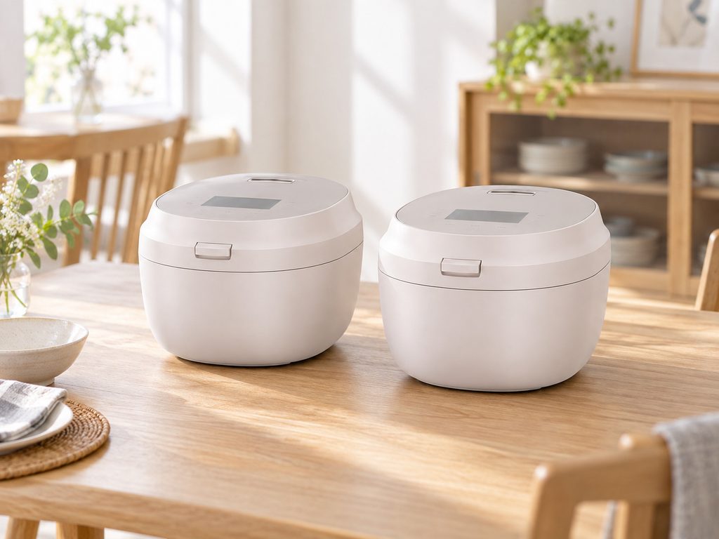 ダイニングでライトグレージュの炊飯器2台を並べた比較イメージ