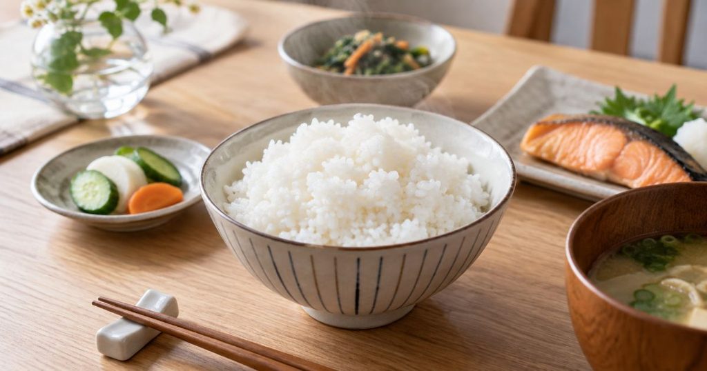 炊きたての白ごはんを中心にした和食の食卓