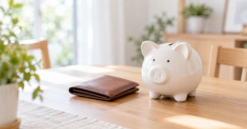 明るい食卓に置かれた貯金箱と財布