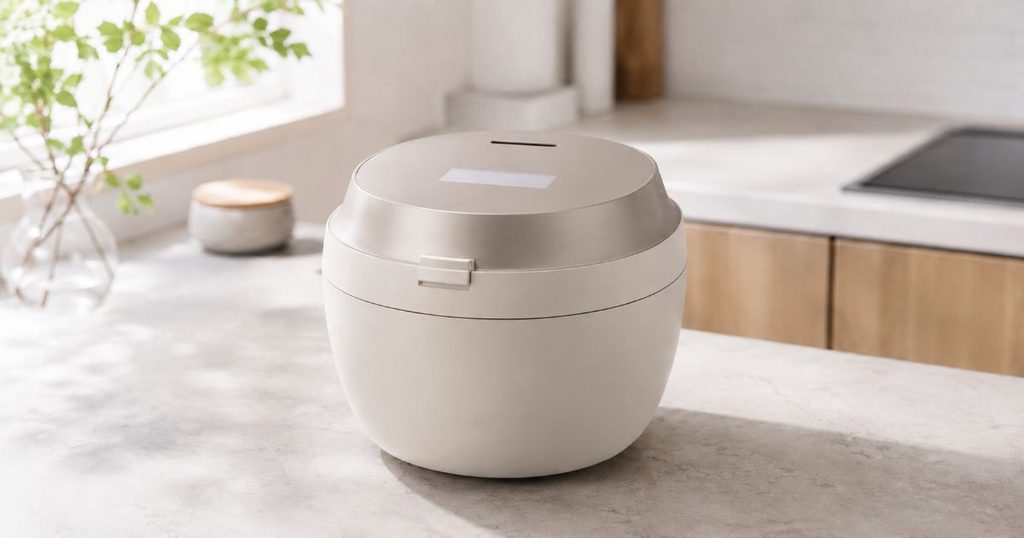 明るいキッチンに置かれたライトグレージュの炊飯器