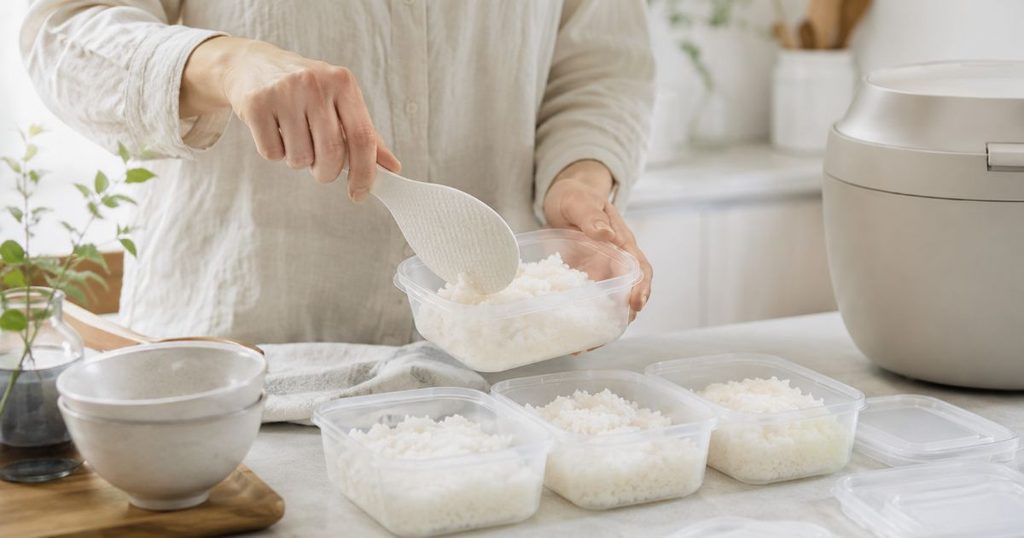 炊いたごはんを保存容器に小分けしている手元