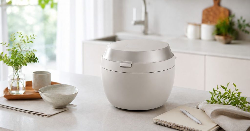 明るいキッチンに置かれた炊飯器と購入検討用のノート
