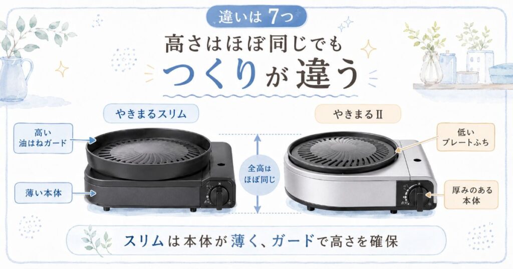 やきまるスリムとやきまるIIの本体構造と高さの違い