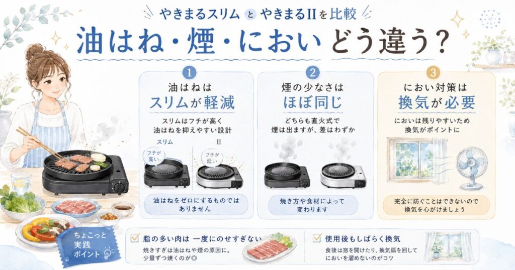 やきまるスリムとやきまるIIの油はね・煙・においの違い