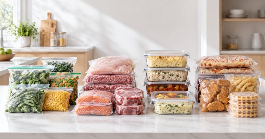 冷凍野菜や肉、作り置き、冷凍食品を種類別に整理したイメージ