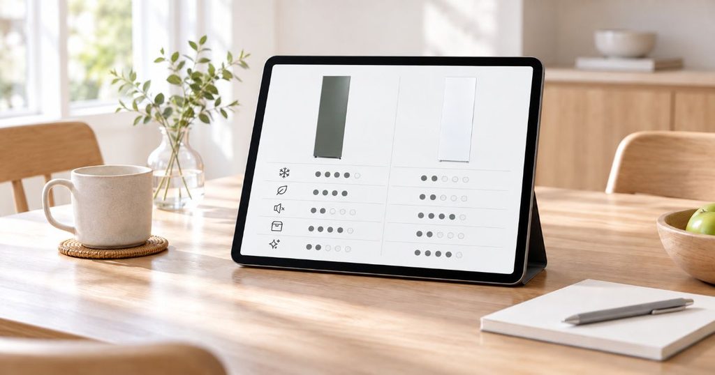タブレット画面でAQF-SFA11AとAQF-SF11Aの比較項目を見比べるイメージ