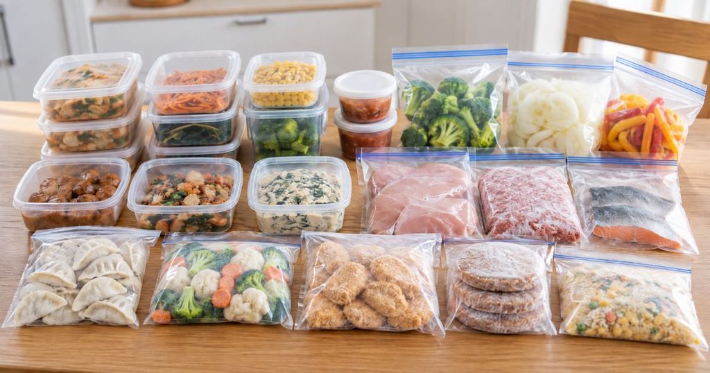 保存容器や冷凍食品を種類別に並べた冷凍ストック