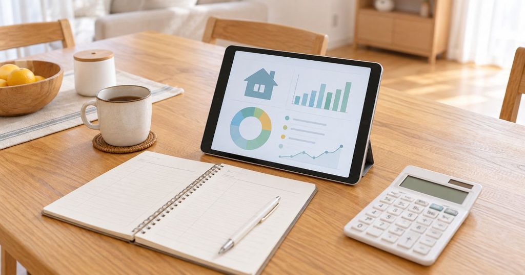 タブレットと家計ノートと電卓で電気使用量を確認するイメージ