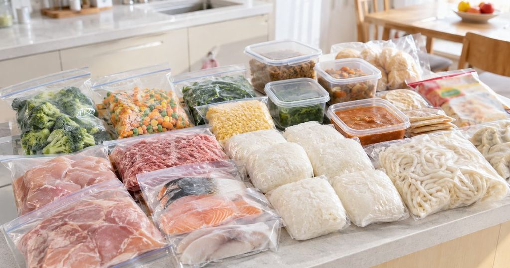 冷凍食品や作り置きをまとめて並べた冷凍ストック