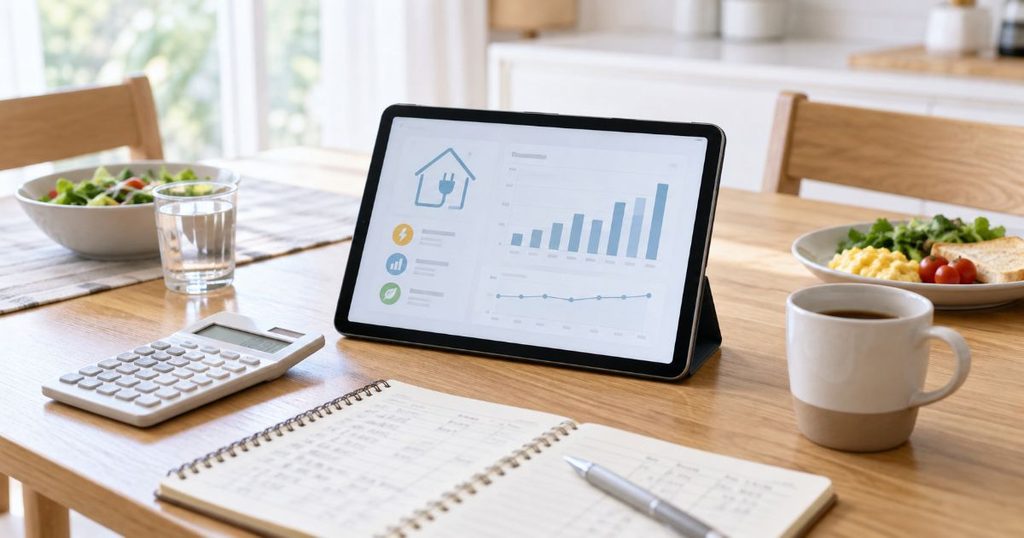 タブレットと電卓で家庭の電力使用量を確認するイメージ