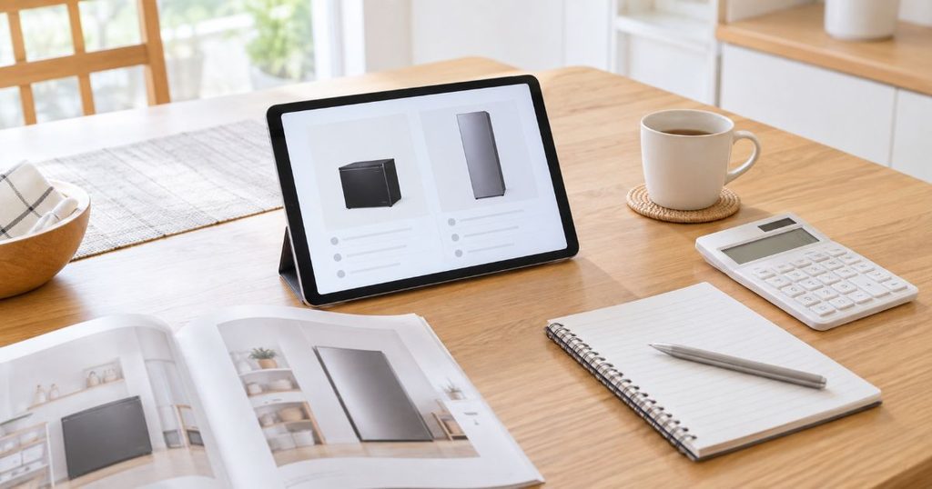 タブレットで2種類の冷凍庫を比較検討するイメージ