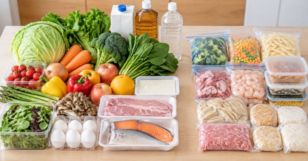 冷蔵保存する食品と冷凍食品を分けて並べた