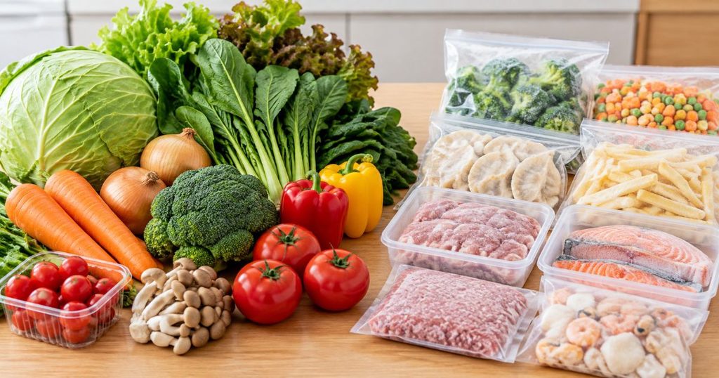 新鮮な野菜と冷凍食品を並べて比較した画像