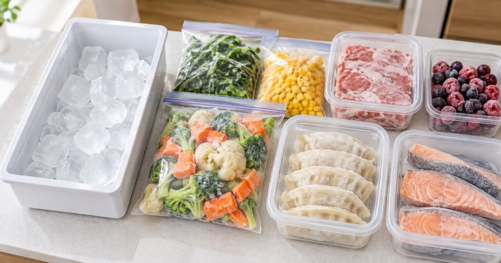 製氷ケースの氷と冷凍食品を並べた画像