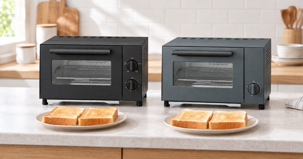 EQ-BJ22とEQ-BE22の前に食パンを2枚ずつ置いた2枚焼きモデルのイメージ