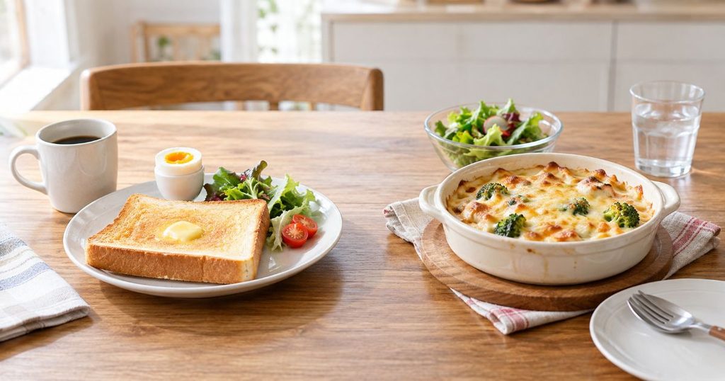 トースト中心の朝食とグラタンを並べた食卓