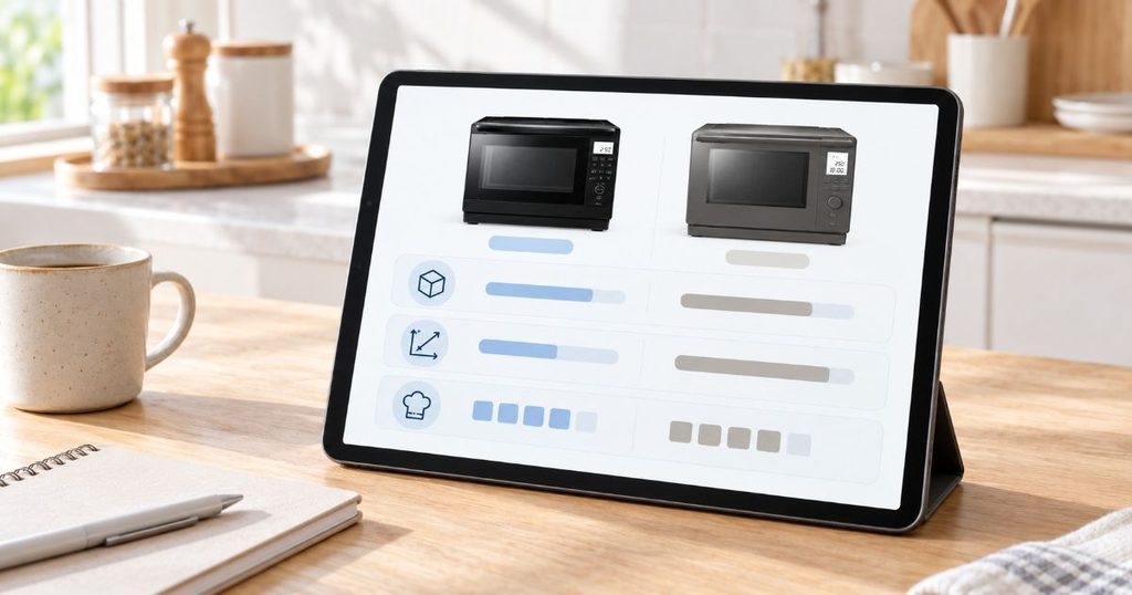 い.pngタブレット画面でER-D70CとER-D100Cの容量・サイズ・自動メニューを比較する様子