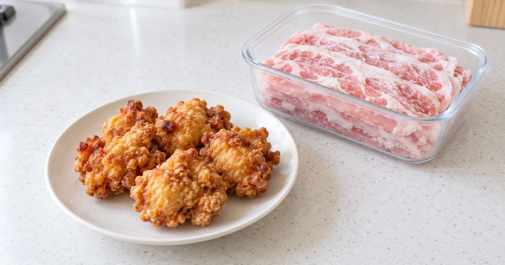 温め直したからあげと解凍前の冷凍豚肉