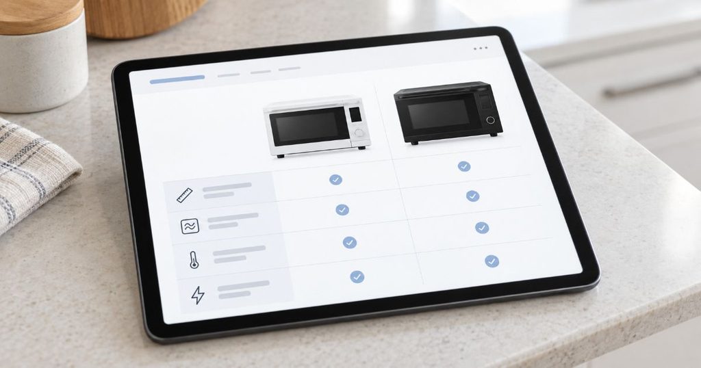 タブレットに表示されたオーブンレンジの仕様比較画面
