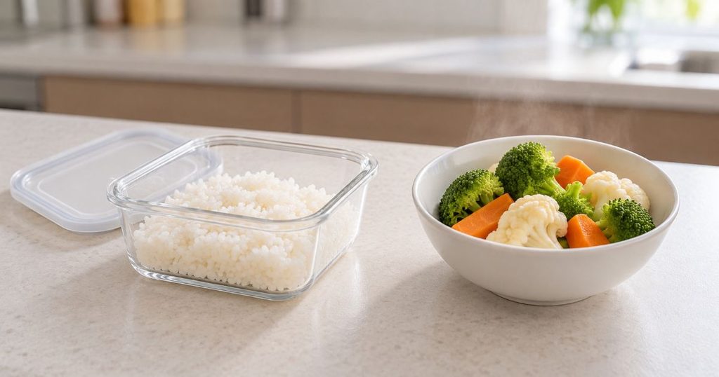 保存容器に入ったご飯と蒸し野菜