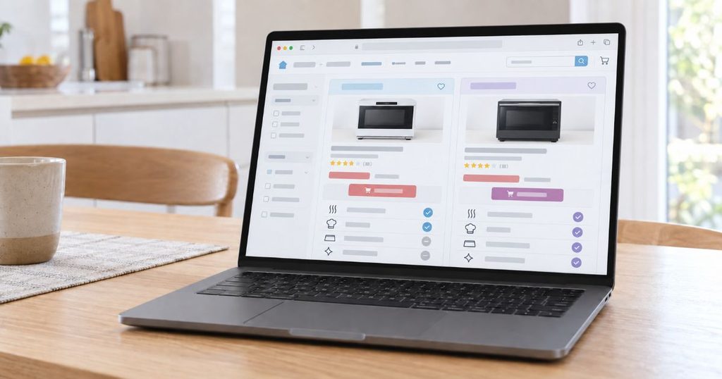 ノートパソコンに表示されたオーブンレンジの価格比較画面