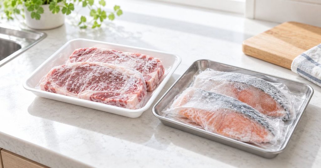 解凍前の冷凍肉と冷凍魚をキッチンに並べた様子
