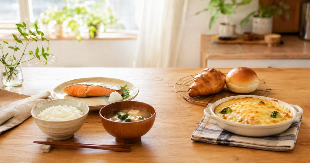 ごはんと味噌汁と焼き魚、パンとグラタンを並べた食卓