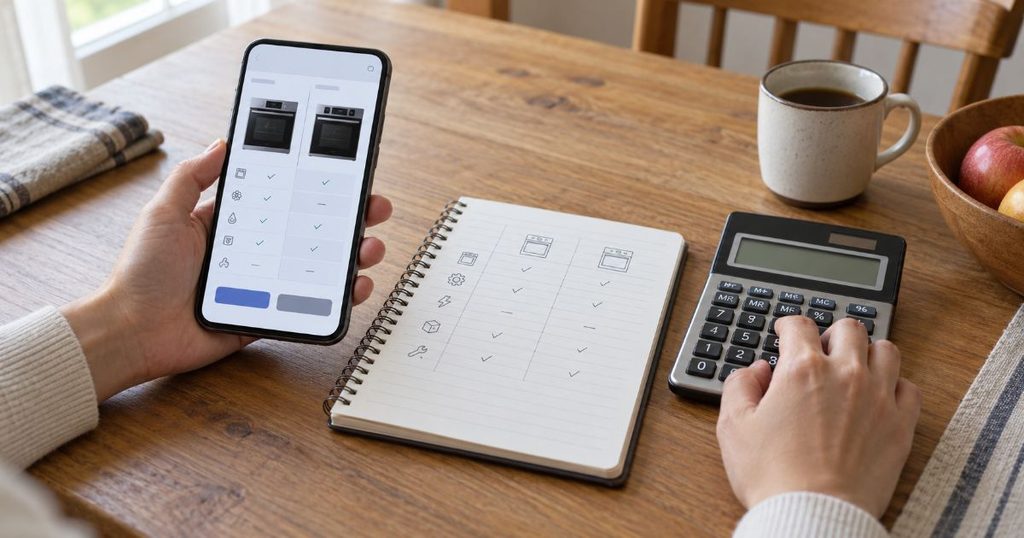 スマートフォンと家計ノートと電卓でオーブンレンジを比較する手元