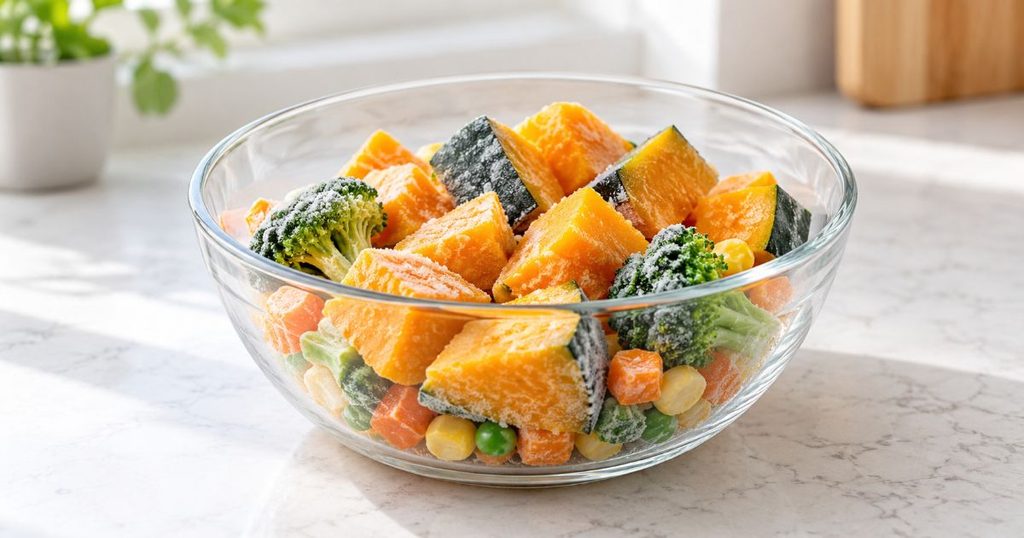冷凍かぼちゃなどの冷凍野菜を入れた耐熱ガラスボウル